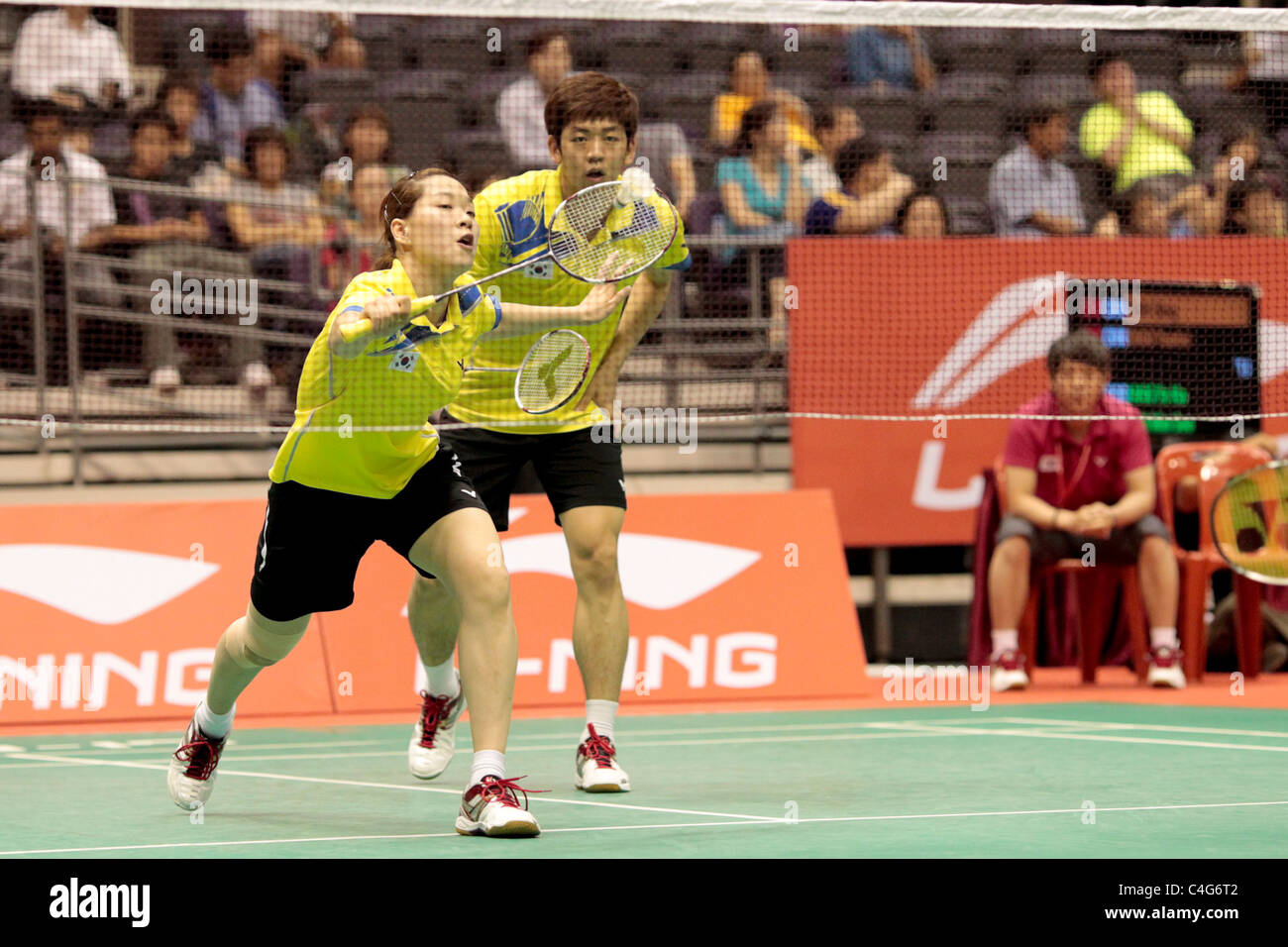 Ha Jung Eun and Lee Yong Dae of Korea during the Mixed Doubles Round 1 of the Li-Ning Singapore Open 2011. Stock Photo