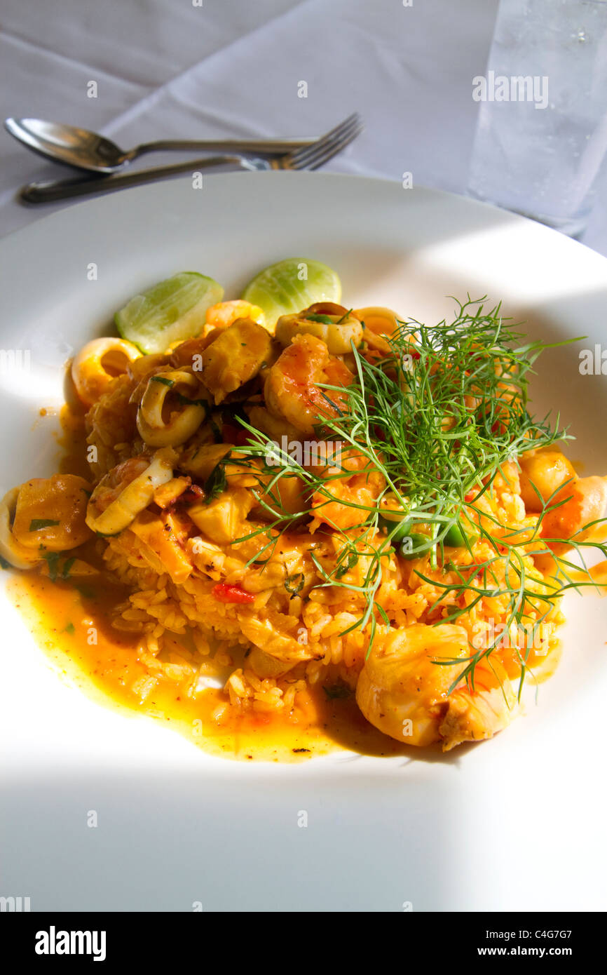 Dish of seafood paella at La Rosa Nautica restaurant in Lima, Peru. Stock Photo