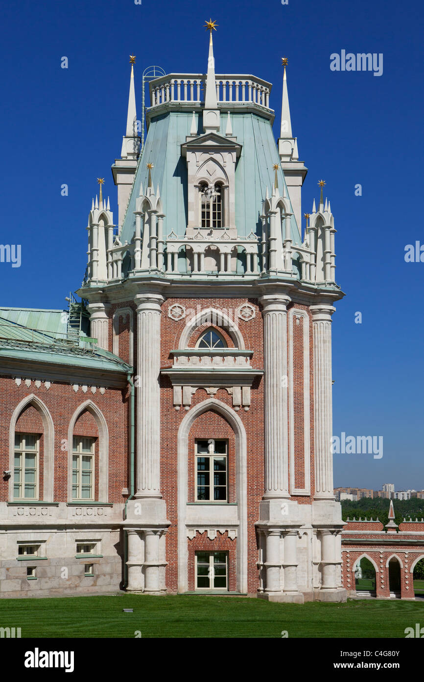The East wing of the 18th century Neo-Gothic (Gothic Revival) Tsaritsyno Palace in Moscow, Russia Stock Photo