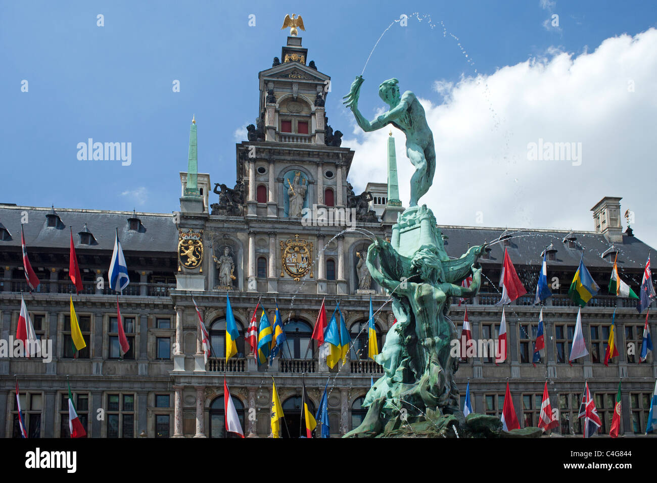 Brabo statue Grand Place Cityhall  Cathedral Antwerp Belgium Stock Photo