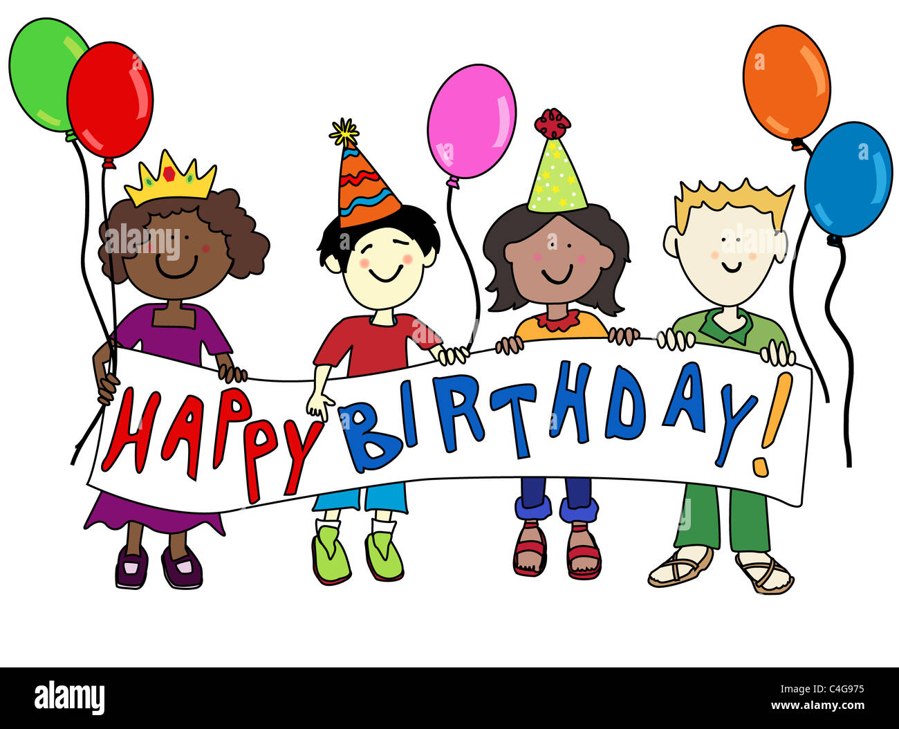 Happy multicultural cartoon kids holding a Happy Birthday banner ...