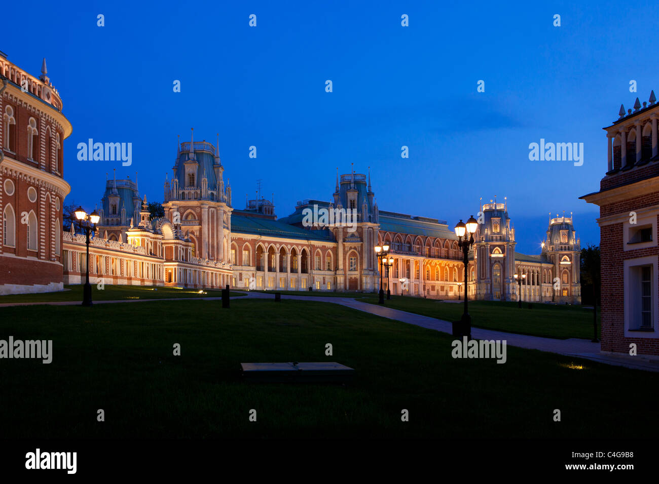 The 18th century Neo-Gothic (Gothic Revival) Tsaritsyno Palace in Moscow, Russia at twilight Stock Photo