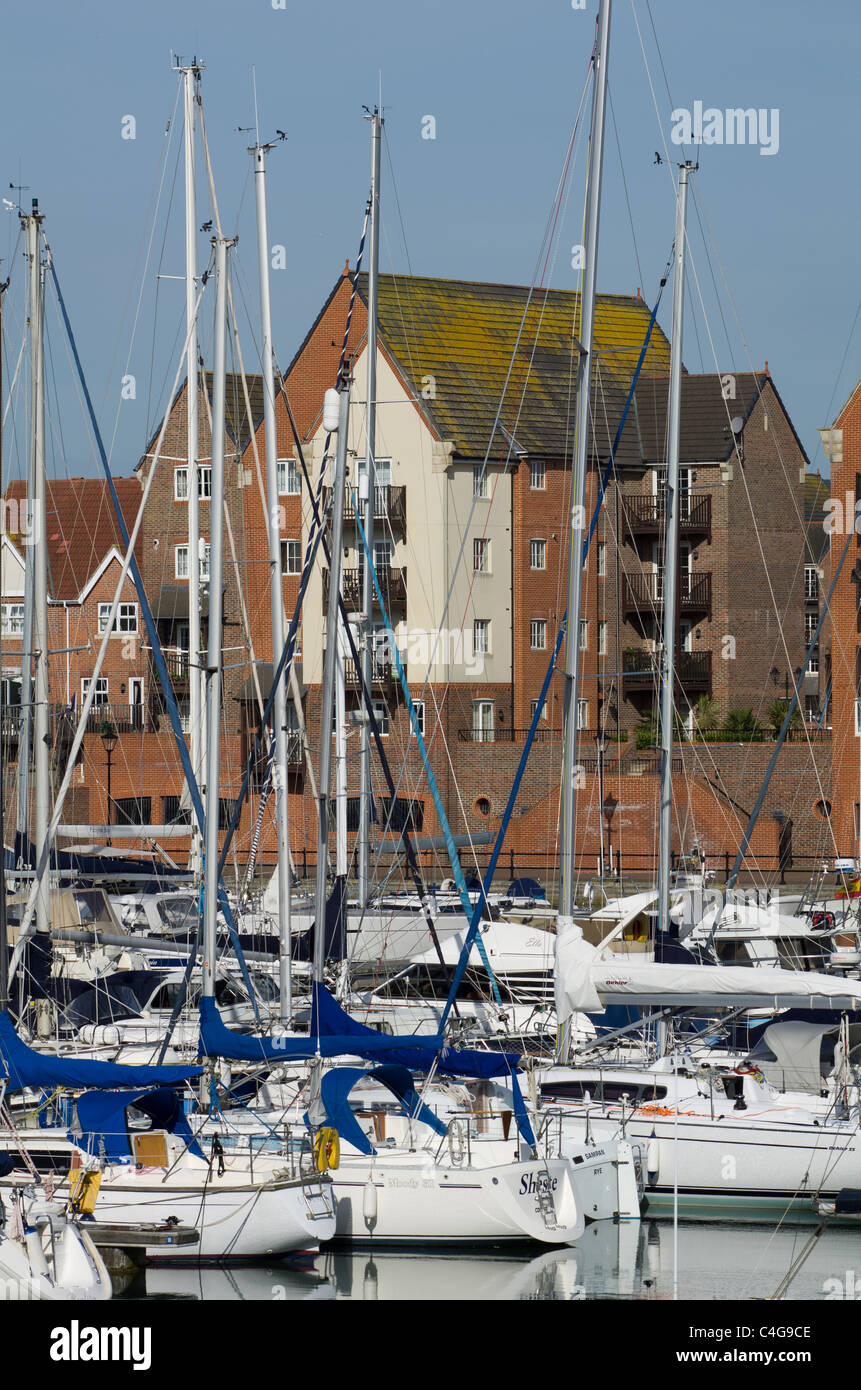 busy marina full of boats and yachts at Sovereign Harbour, Eastbourne