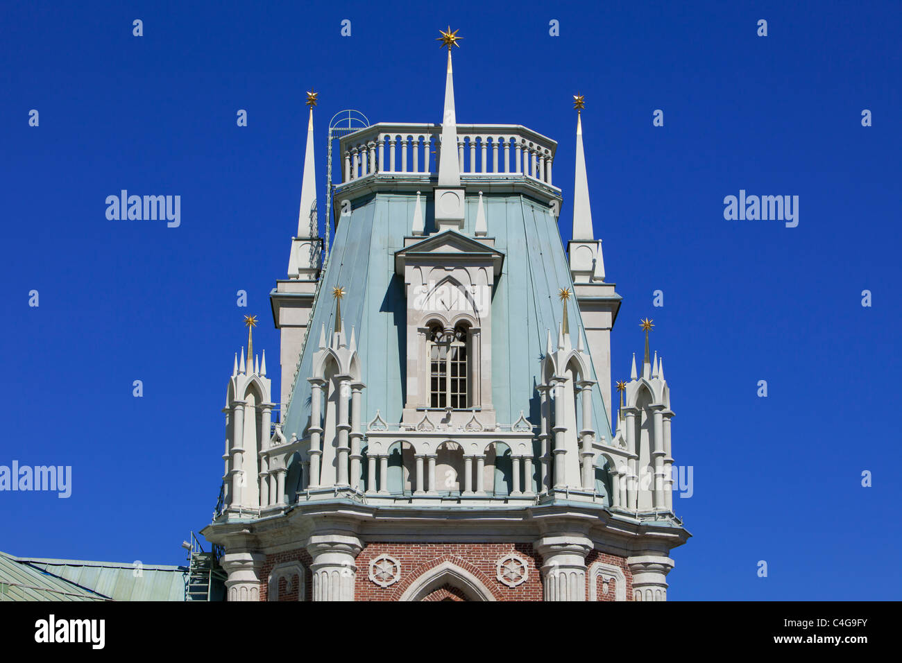 Close-up of one of the towers of the 18th century Neo-Gothic (Gothic Revival) Tsaritsyno Palace in Moscow, Russia Stock Photo