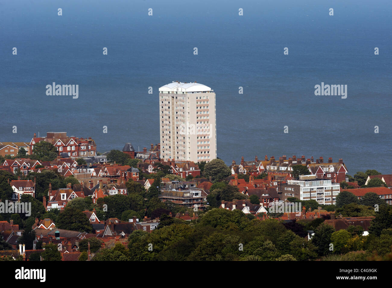 View overlooking block of flats on Eastbourne seafront in East Sussex