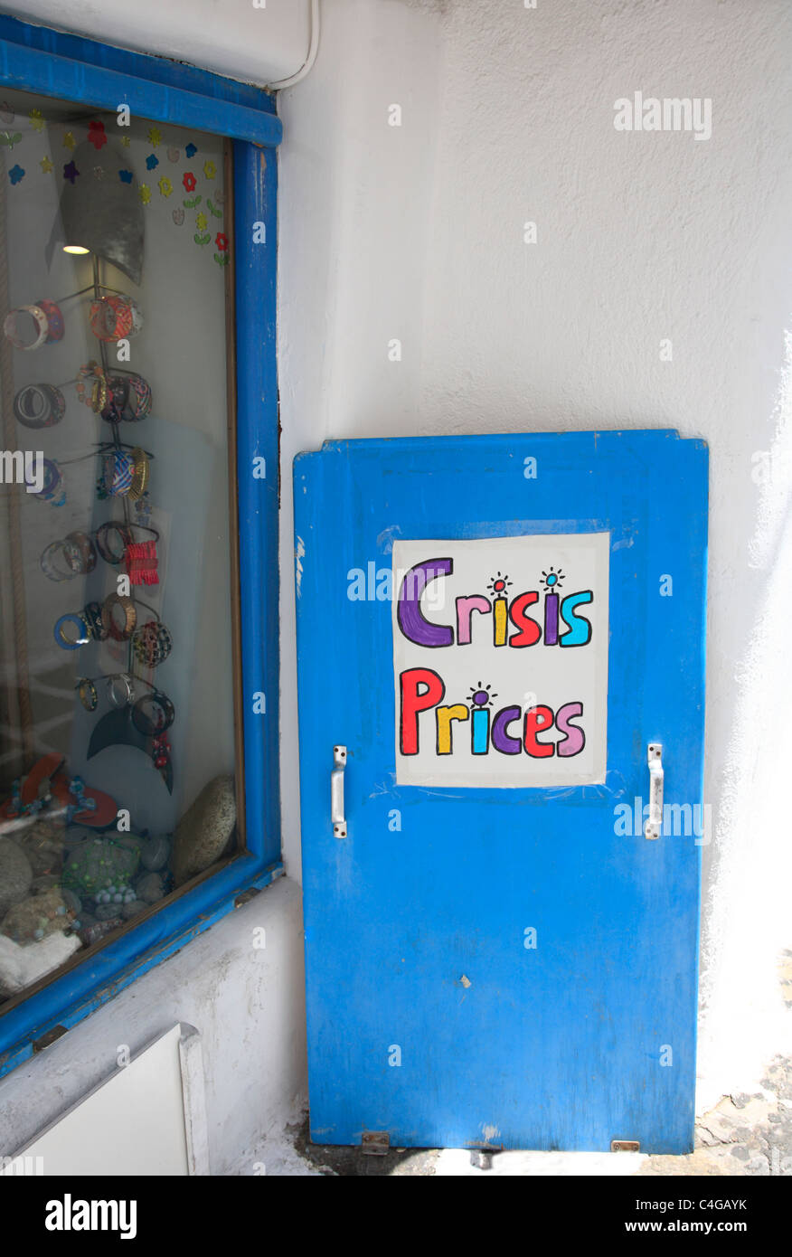 Crisis Prices Notice Board outside Shop Mykonos Greece EU European Union Europe Stock Photo