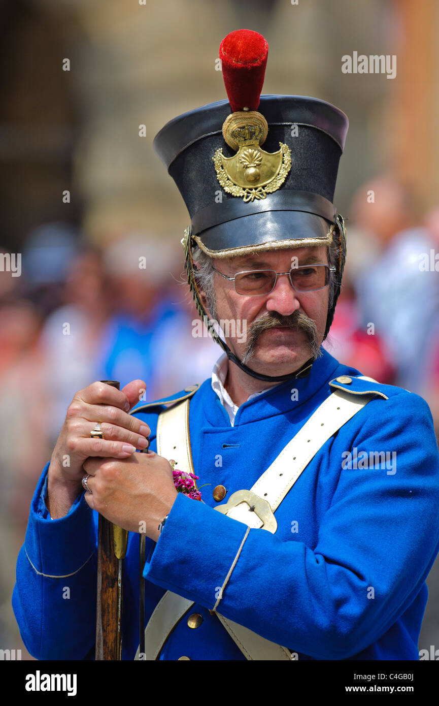performer of the annual medieval parade Meistertrunk, dressed in historical costume as soldier in Rothenburg, Germany Stock Photo