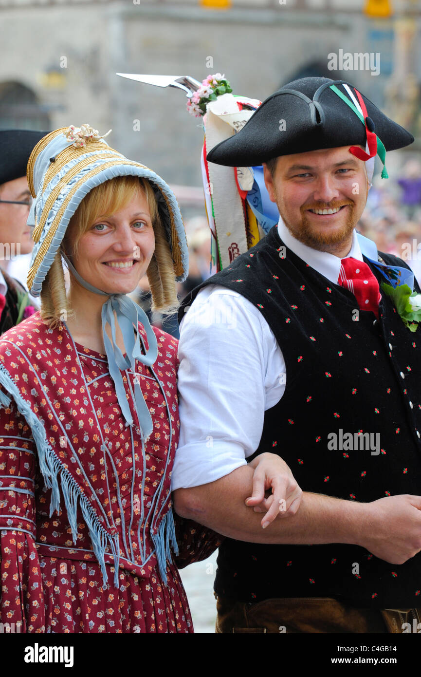 dancer dressed in historical clothes, while the annual medieval event -Meistertrunk- in Rothenburg, Germany Stock Photo