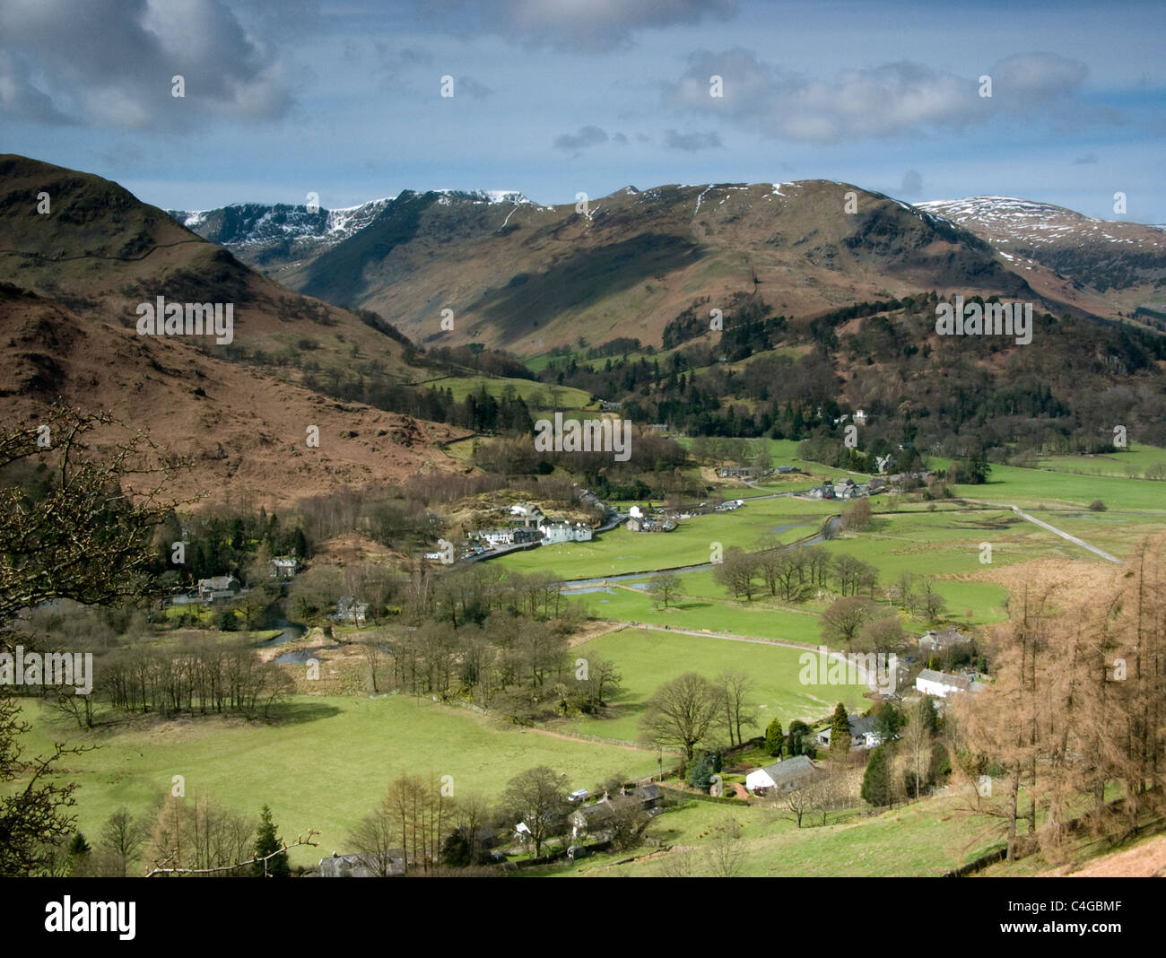 The village of Glenridding seen from the slopes of Place Fell Stock Photo