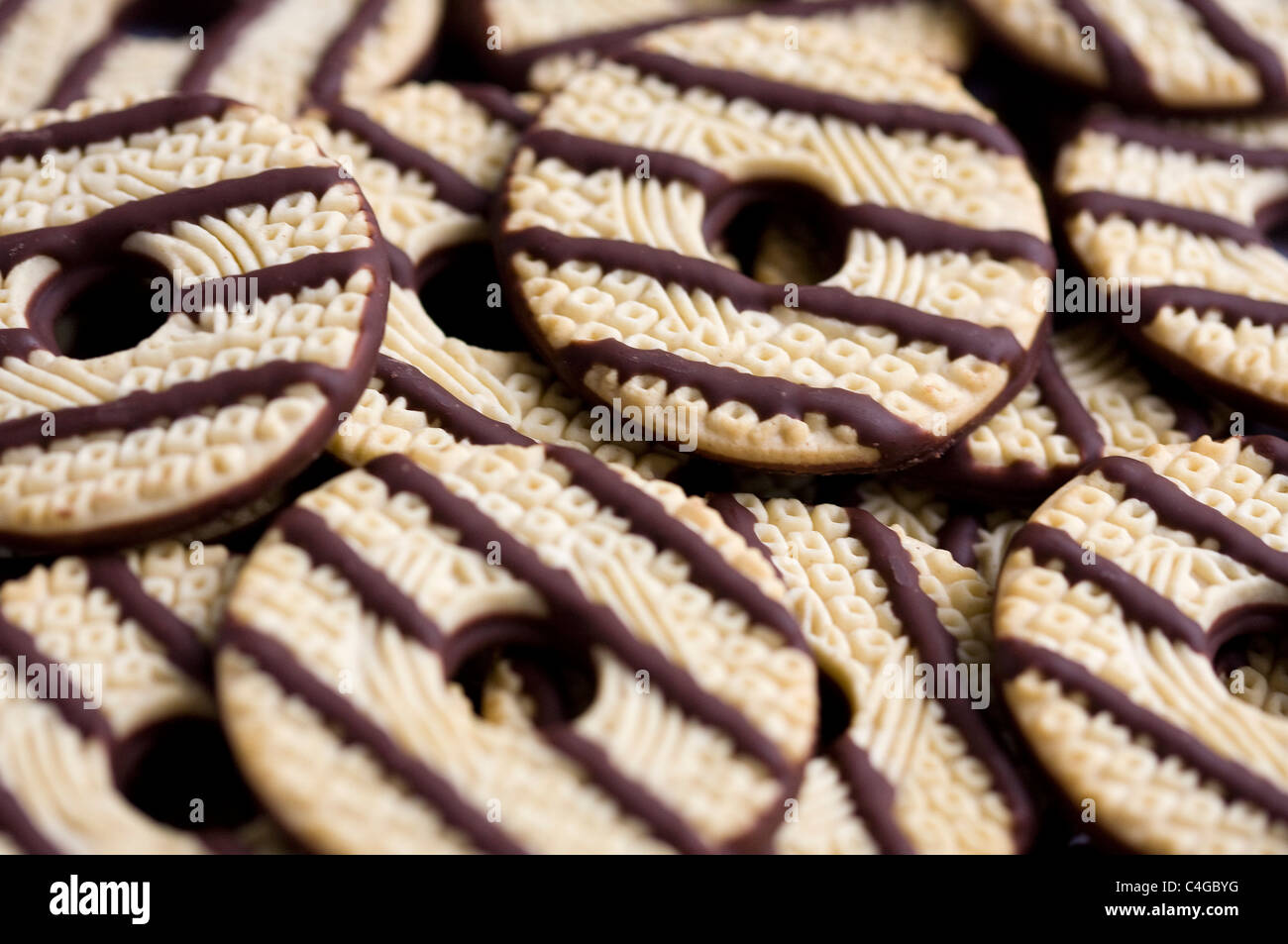 Fudge covered vanilla cookies.  Stock Photo
