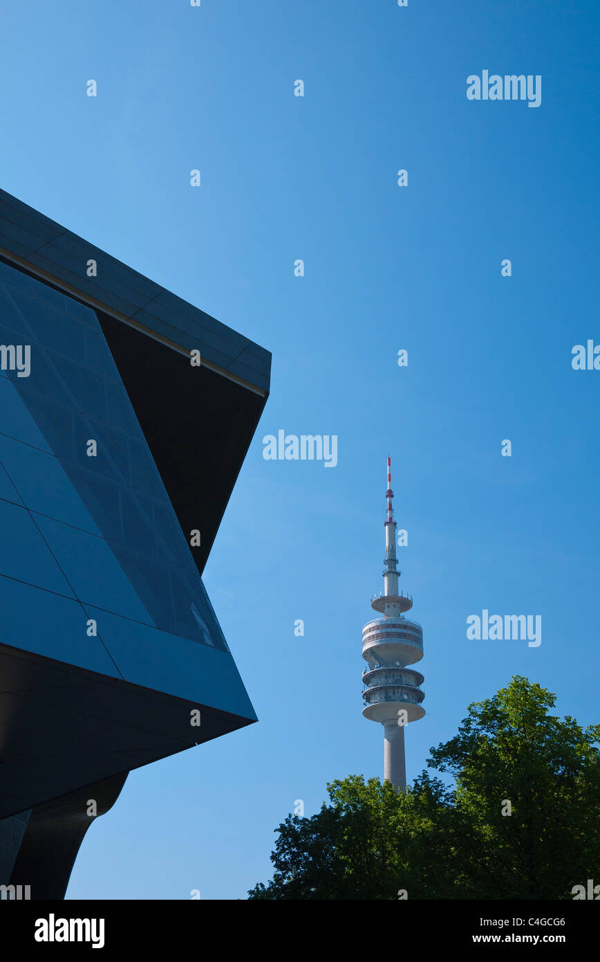 A detail of the Olympic Tower, Olympiaturm, and a portion of the BWM World (Welt) building in Munich, Germany. Stock Photo