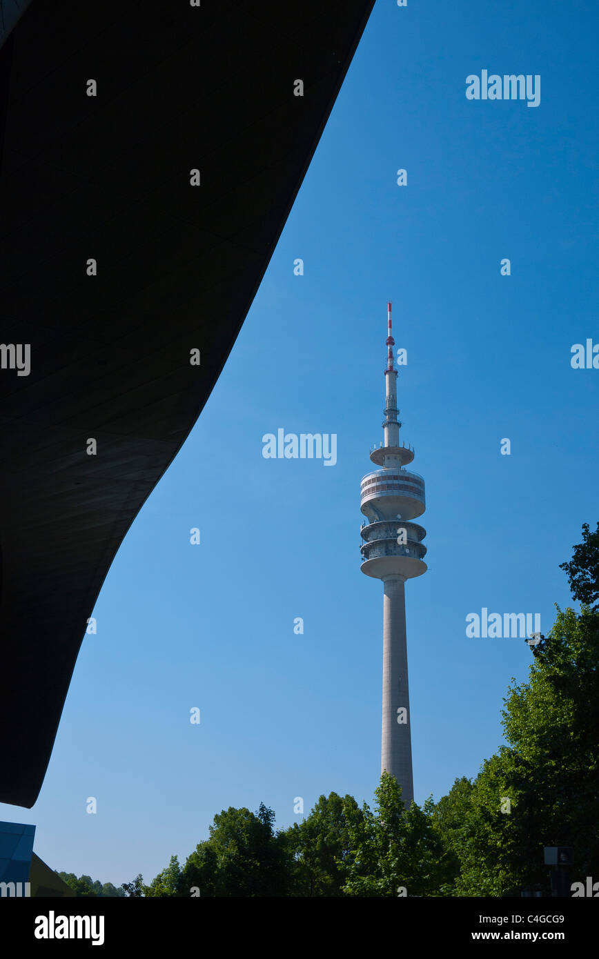 A detail of the Olympic Tower, Olympiaturm, and a portion of the BWM World (Welt) building in Munich, Germany. Stock Photo