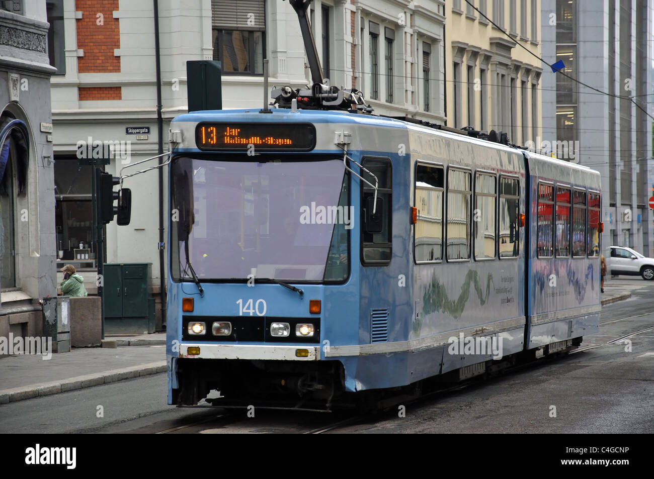 Local tram on street, Oslo, Oslo County, Østlandet Region, Norway Stock Photo