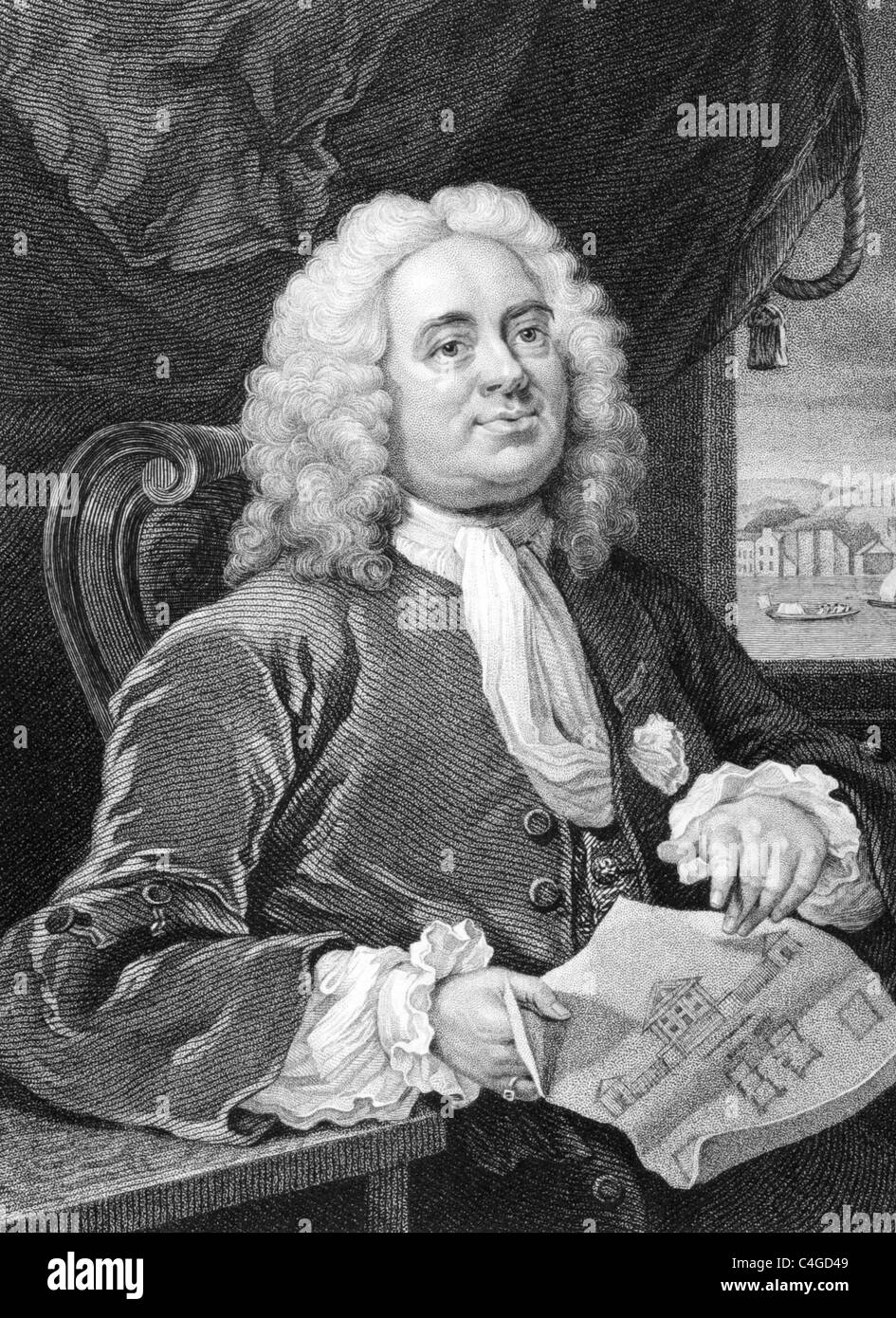Daniel Lock (1681-1754) on engraving from 1800s. British architect. Engraved by B.Holl after a picture by Hogarth. Stock Photo