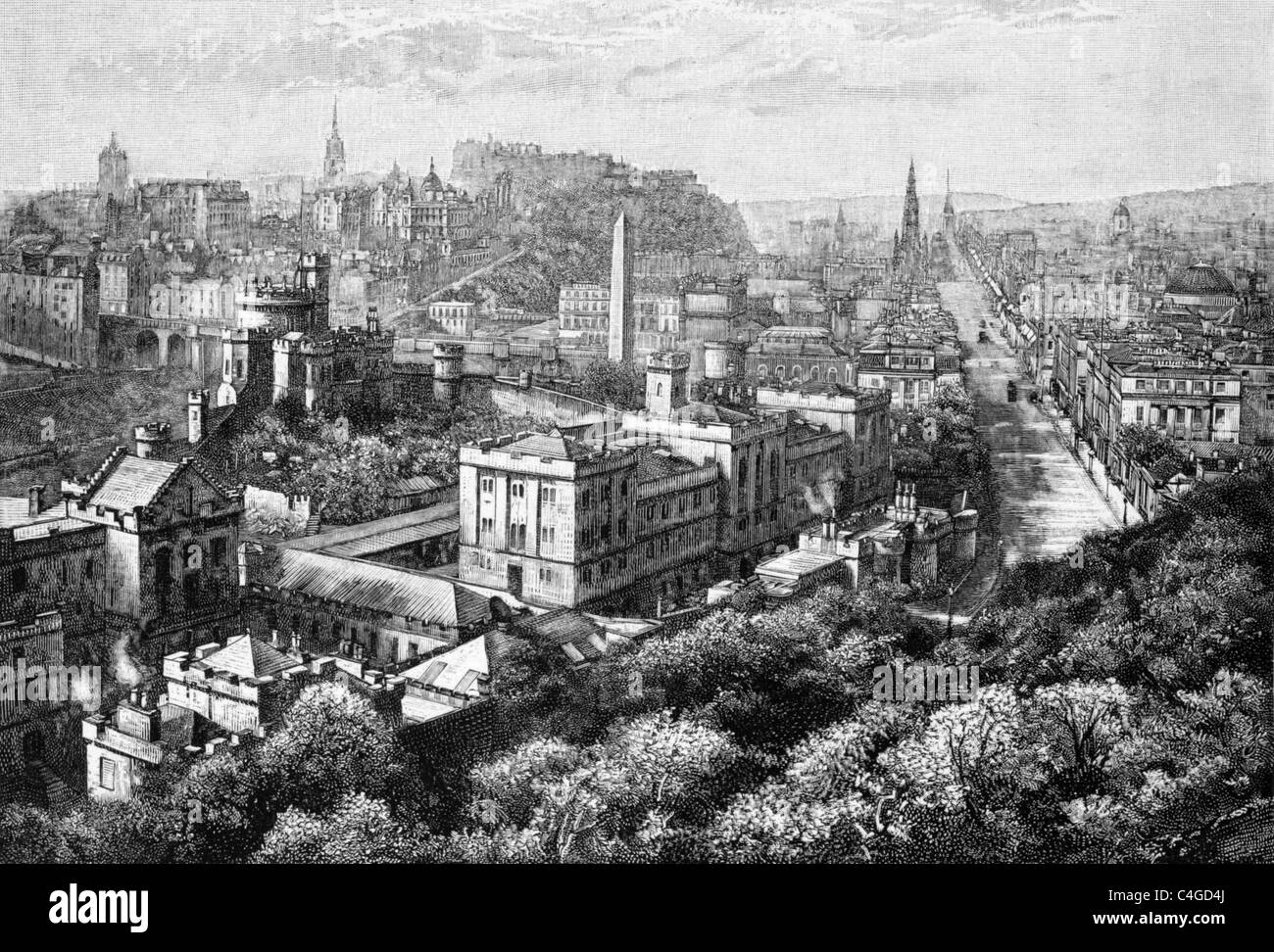 Edinburgh from Calton Hill on engraving from 1800s. Stock Photo