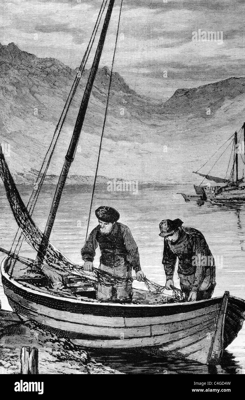 Fishing boats on engraving from 1800s Stock Photo Alamy