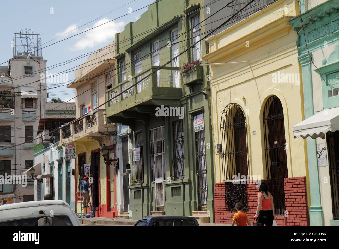 Santo Domingo Dominican Republic,Ciudad Colonia Zona Colonial,Calle Jose Reyes,residences,neighborhood,residential street,homes,two story,balcony,wrou Stock Photo