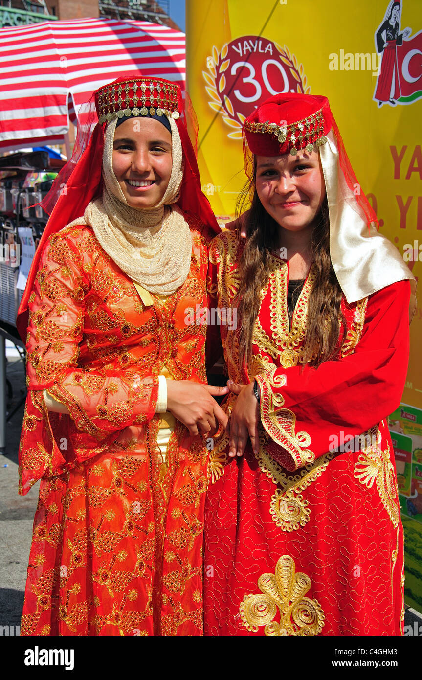 Turkish girls in national dress at Turkish promotion event, City Hall Square, Copenhagen (Kobenhavn), Kingdom of Denmark Stock Photo