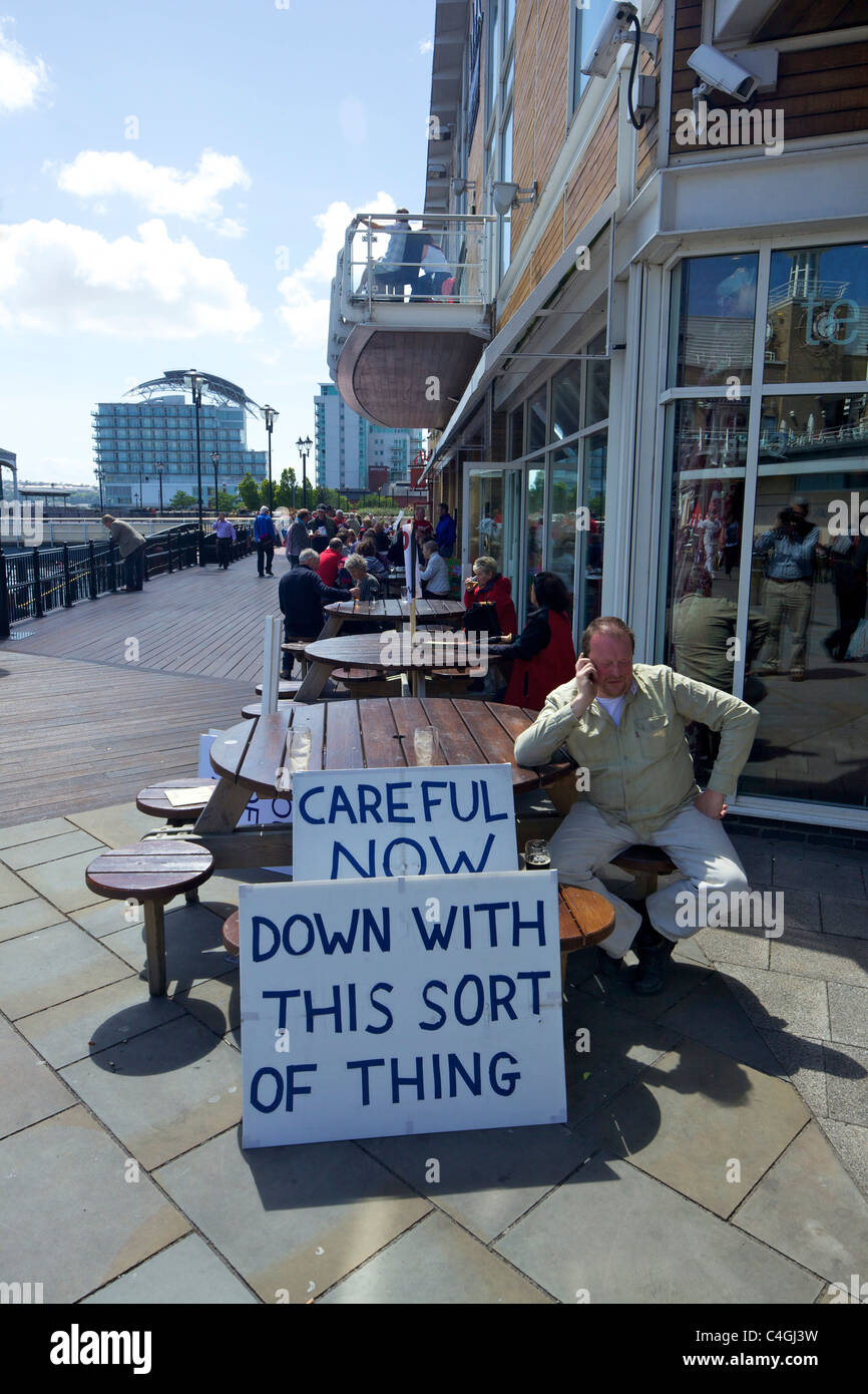 Polite protestor, Mermaid Quay, Cardiff Bay, South Glamorgan, Wales, cymru, UK, United Kingdom, GB, Great Britain, British Isles Stock Photo