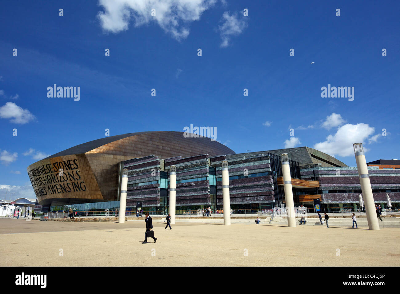 Wales Millennium Centre Cardiff Bay Wales UK with poetry by Gwyneth Lewis  in the facade Stock Photo