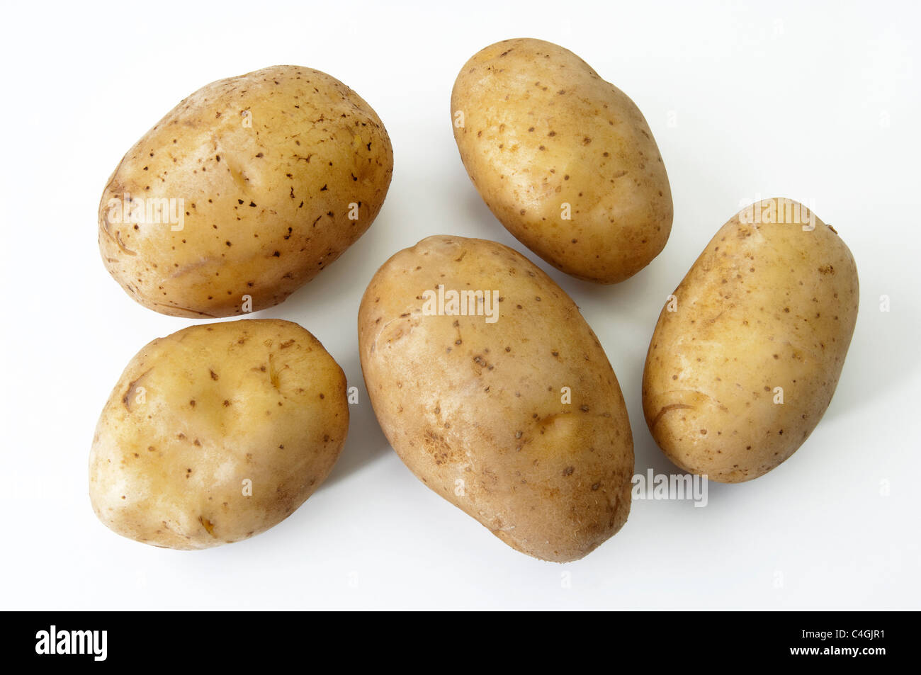 Potato (Solanum tuberosum Linda). Tubers, studio picture against a white background. Stock Photo