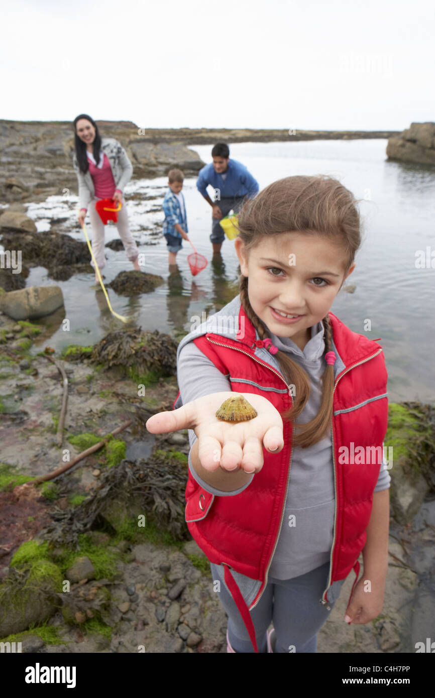 Young family at beach collecting shells Stock Photo Alamy