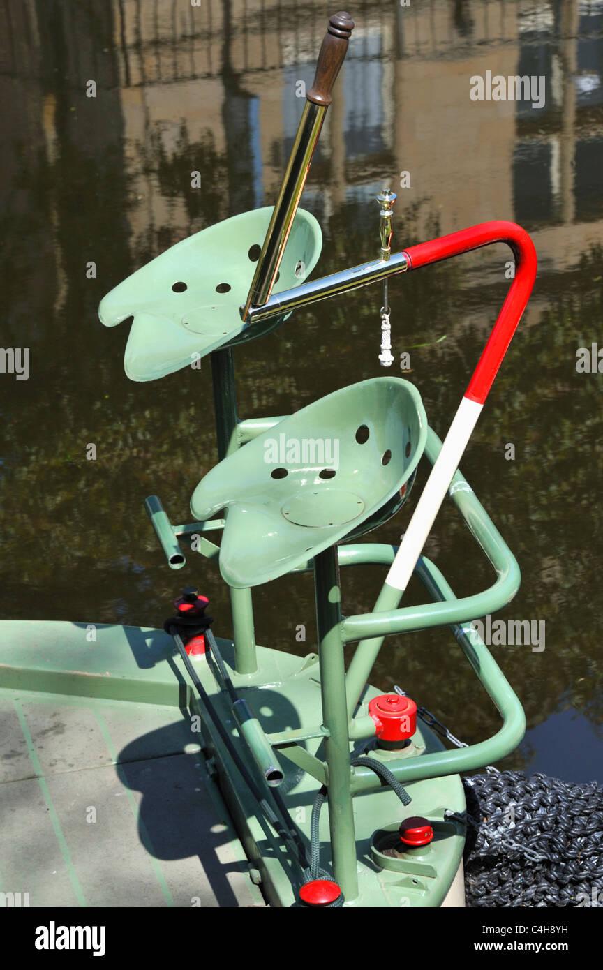 Detail of tiller and seats on narrowboat. Lancaster to Kendal Canal