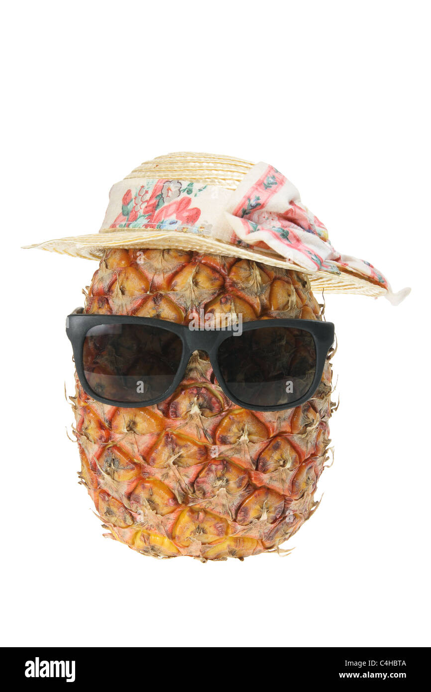 Pineapple with Hat and Sunglasses Stock Photo