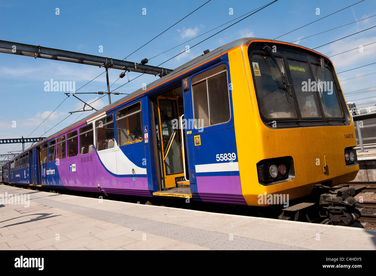 Class 144 pacer train in Northern Rail livery at a railway station in England. Stock Photo