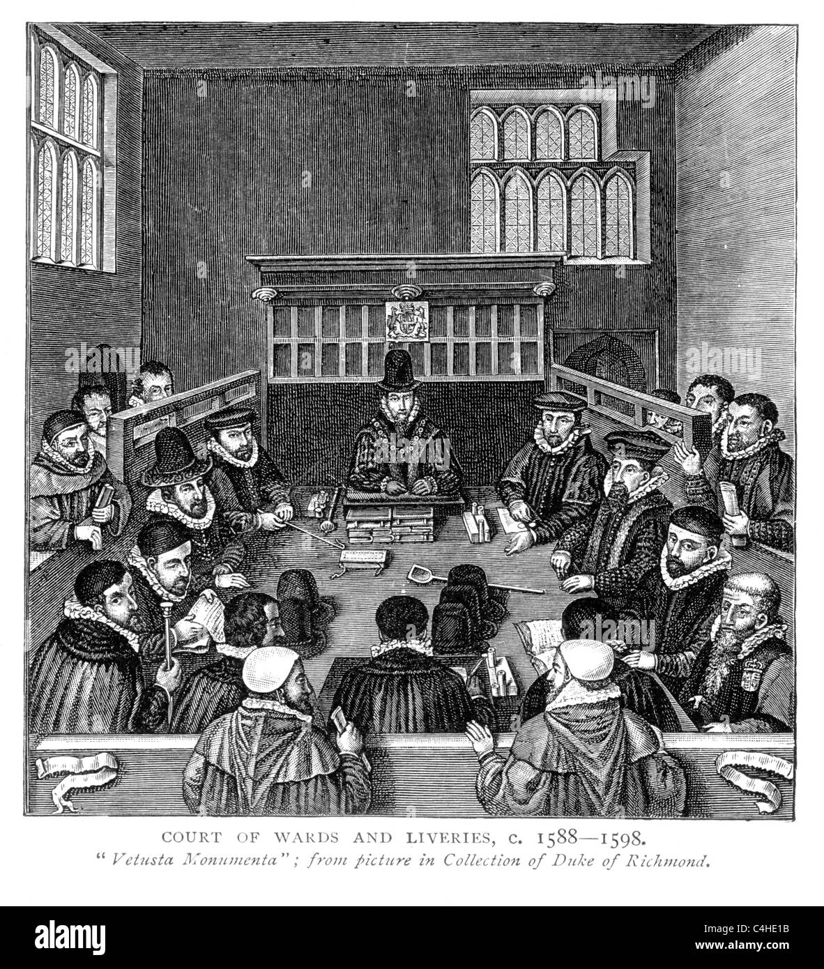 Court of Wards and Liveries, circa 1588-1589; Black and White Illustration; Stock Photo
