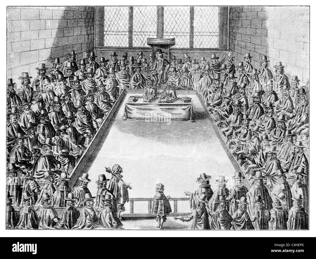 The House of Commons in the Time of King Charles I; Black and White Illustration; Stock Photo