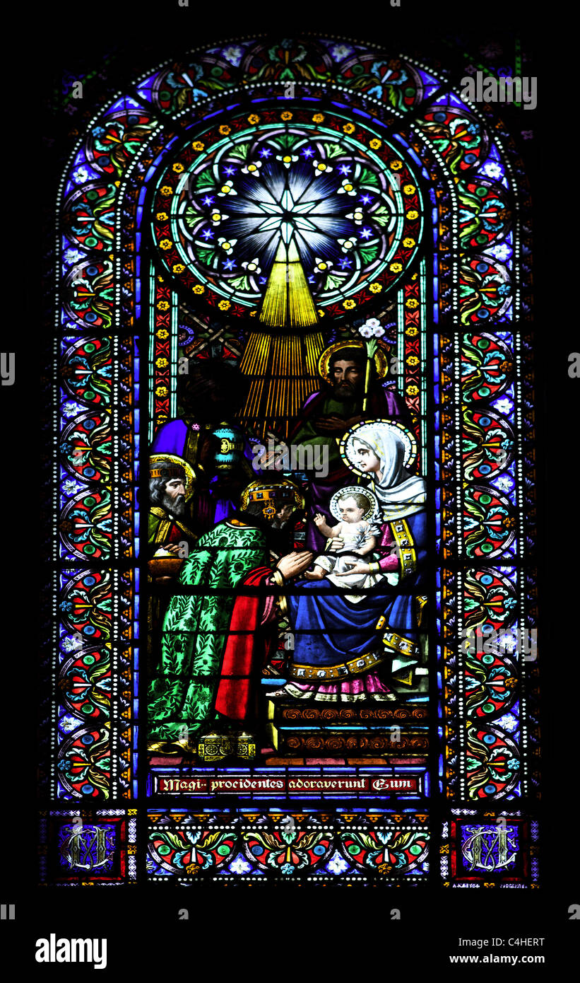 Stained glass window depicting the Epiphany. Montserrat Abbey. Catalonia. Spain. Stock Photo