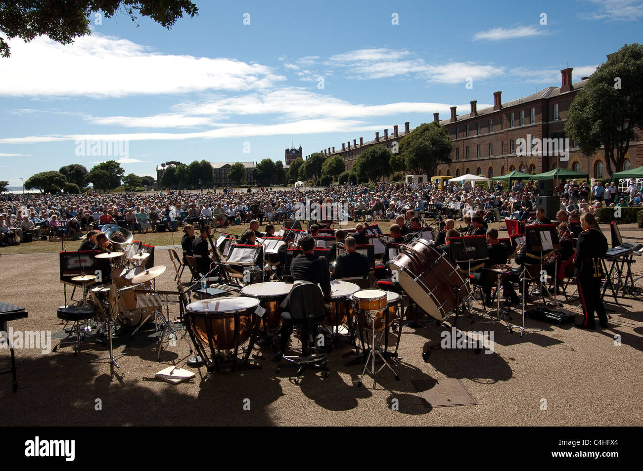 Outdoor concert by Her Majesties' Massed Bands at the Royal Marines Museum in Eastney, Portsmouth, Hampshire, UK Stock Photo