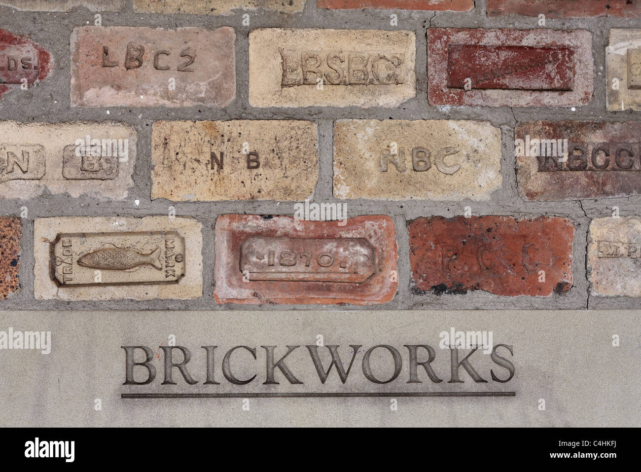 Display of old bricks with manufacturers markings in Beamish museum in Durham, England Stock Photo