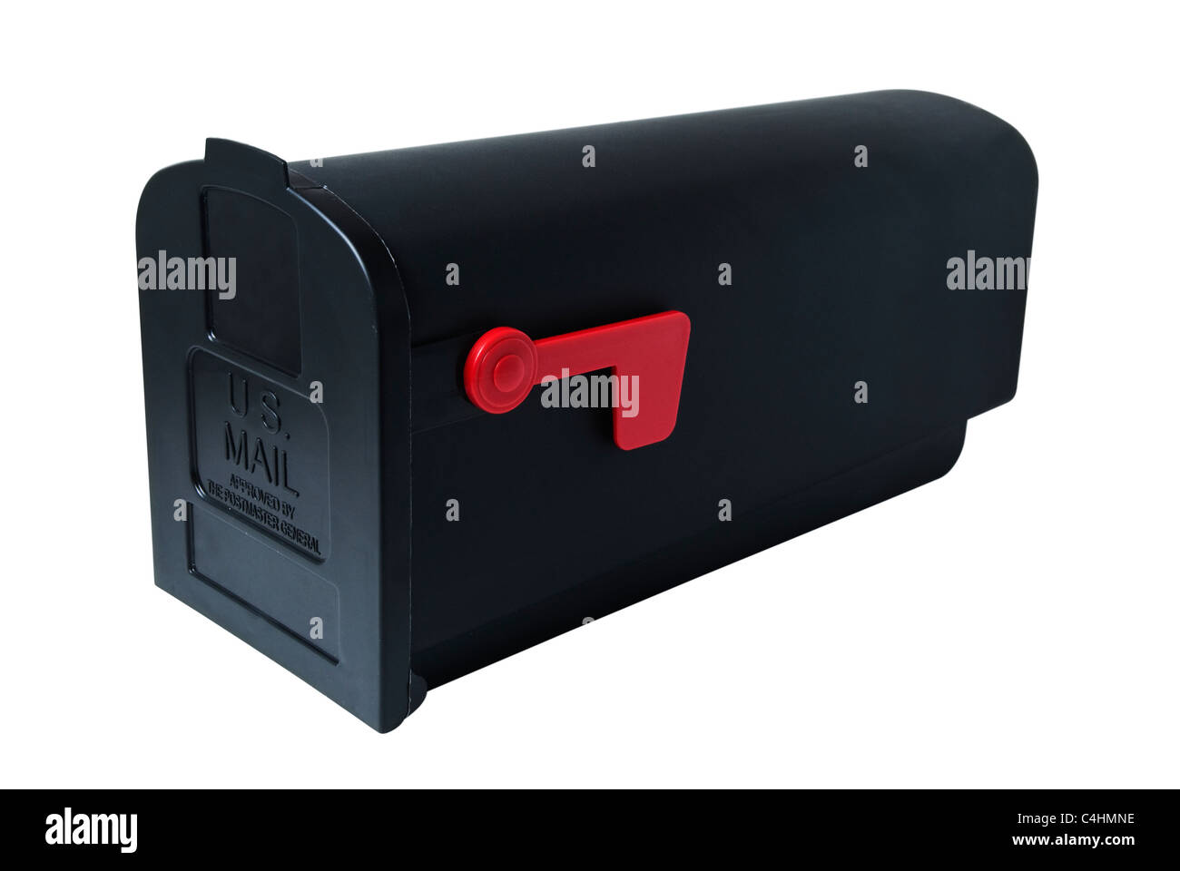 American-style mailbox, closed with lowered flag. Studio shot, isolated on white background, saved with clipping path Stock Photo