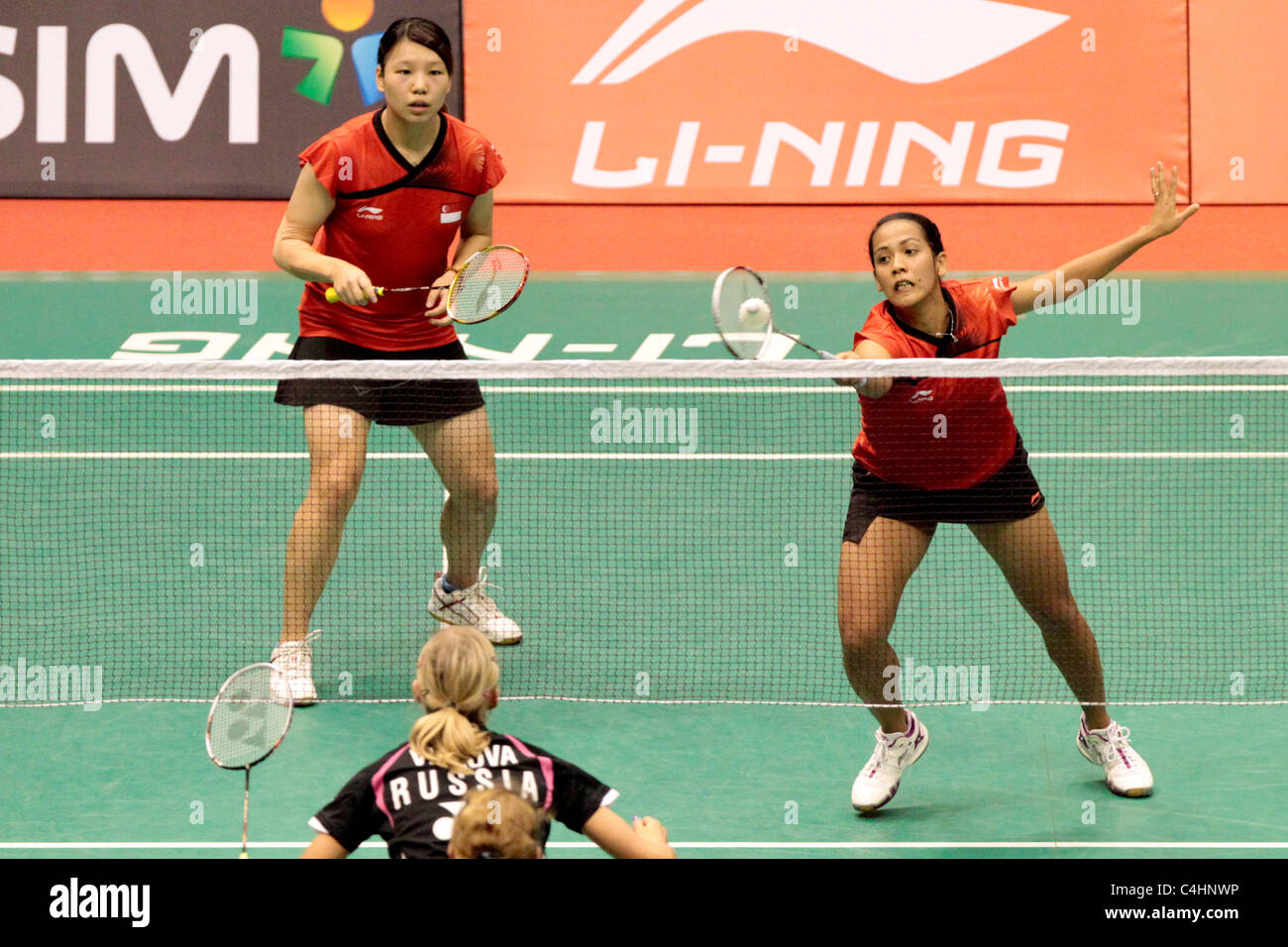 Shinta Mulia Sari and Yao Lei of Singapore during their Women's Doubles