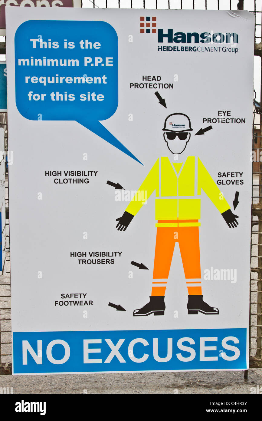 Heildelberg Construction site instructions. No Excuses. Hanson Health & Safety Poster at Entrance to Site   Minimum P.P.E Requirement for this site. Stock Photo