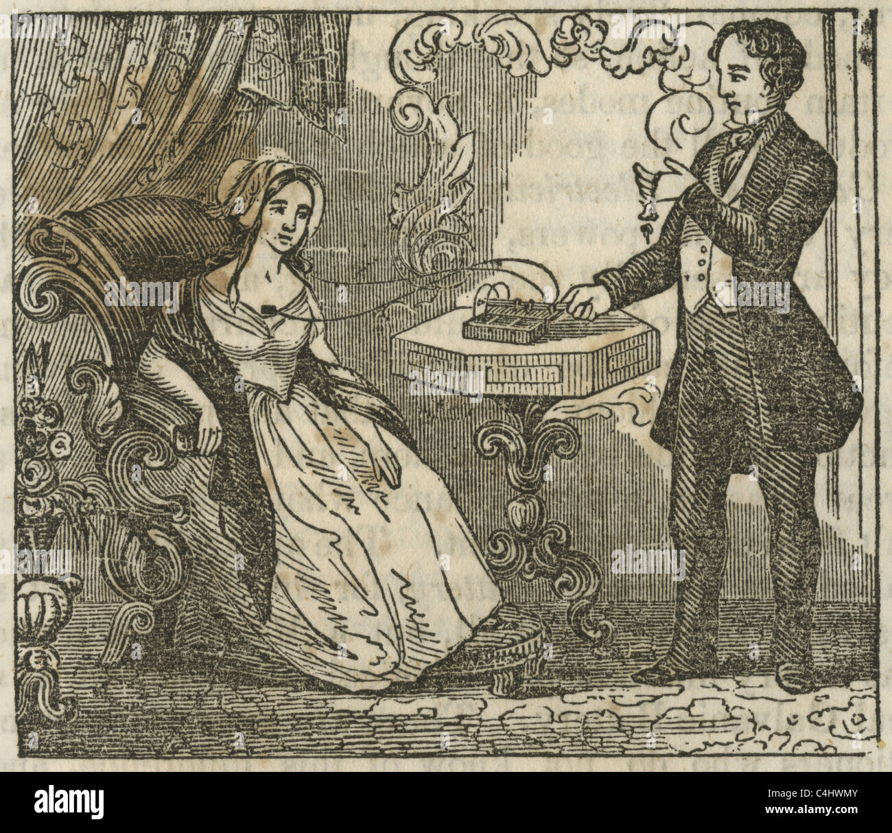1855 medical book engraving, 'A lady undergoing the Galvanic process for an affection of the lungs.' Stock Photo