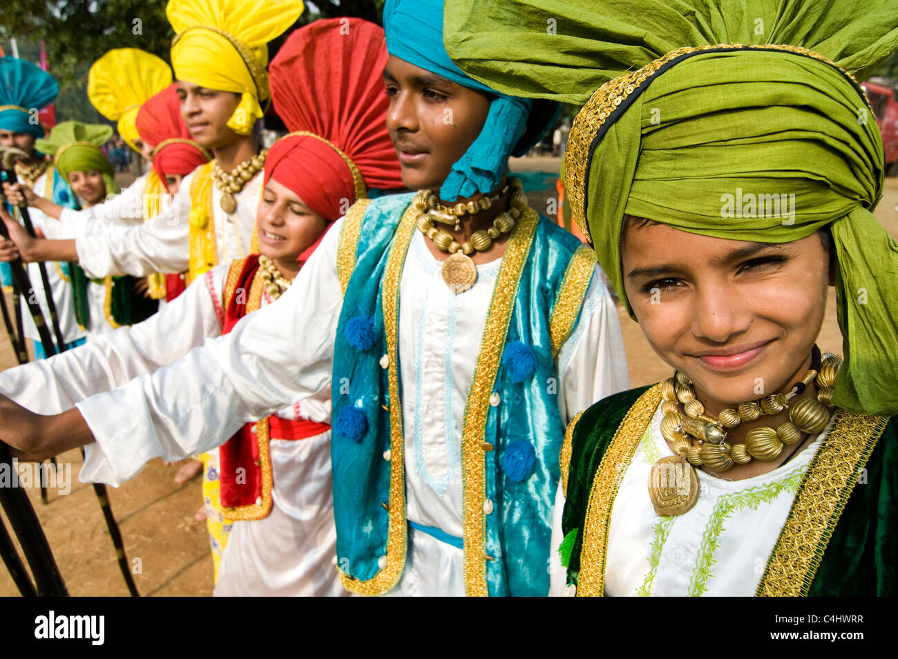 Punjabi Bhangra dancers during a colorful festival in Punjab. Stock Photo