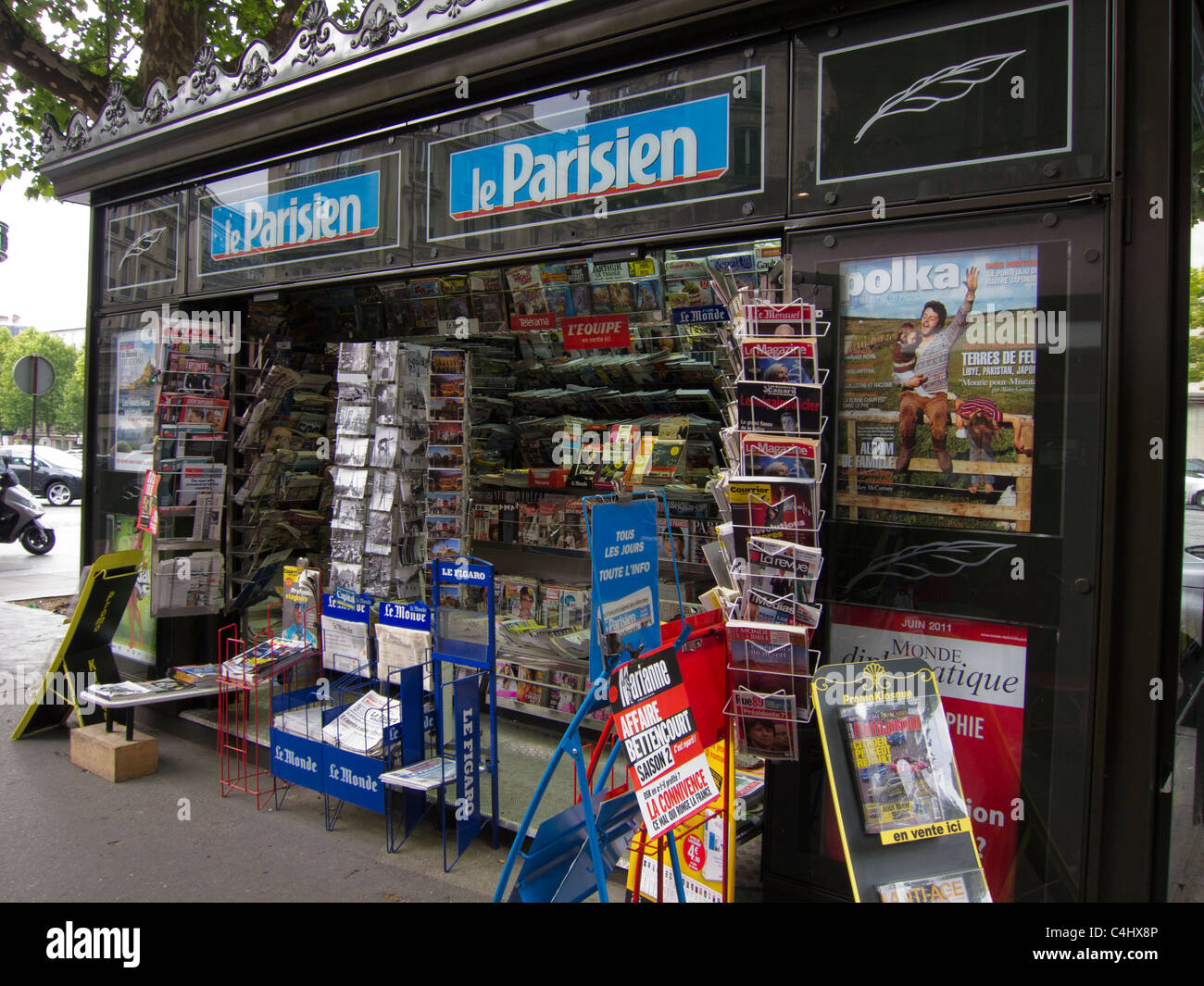 Paris, France, Old French Newspaper News Stand Store, kiosque a journaux, on Street, Paris newspaper kiosk Stock Photo