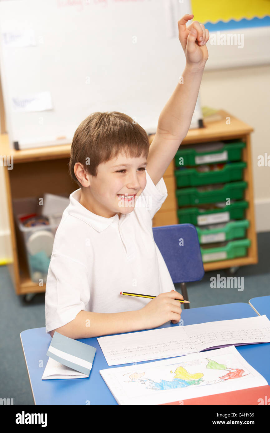 Schoolboy Studying In Classroom Stock Photo