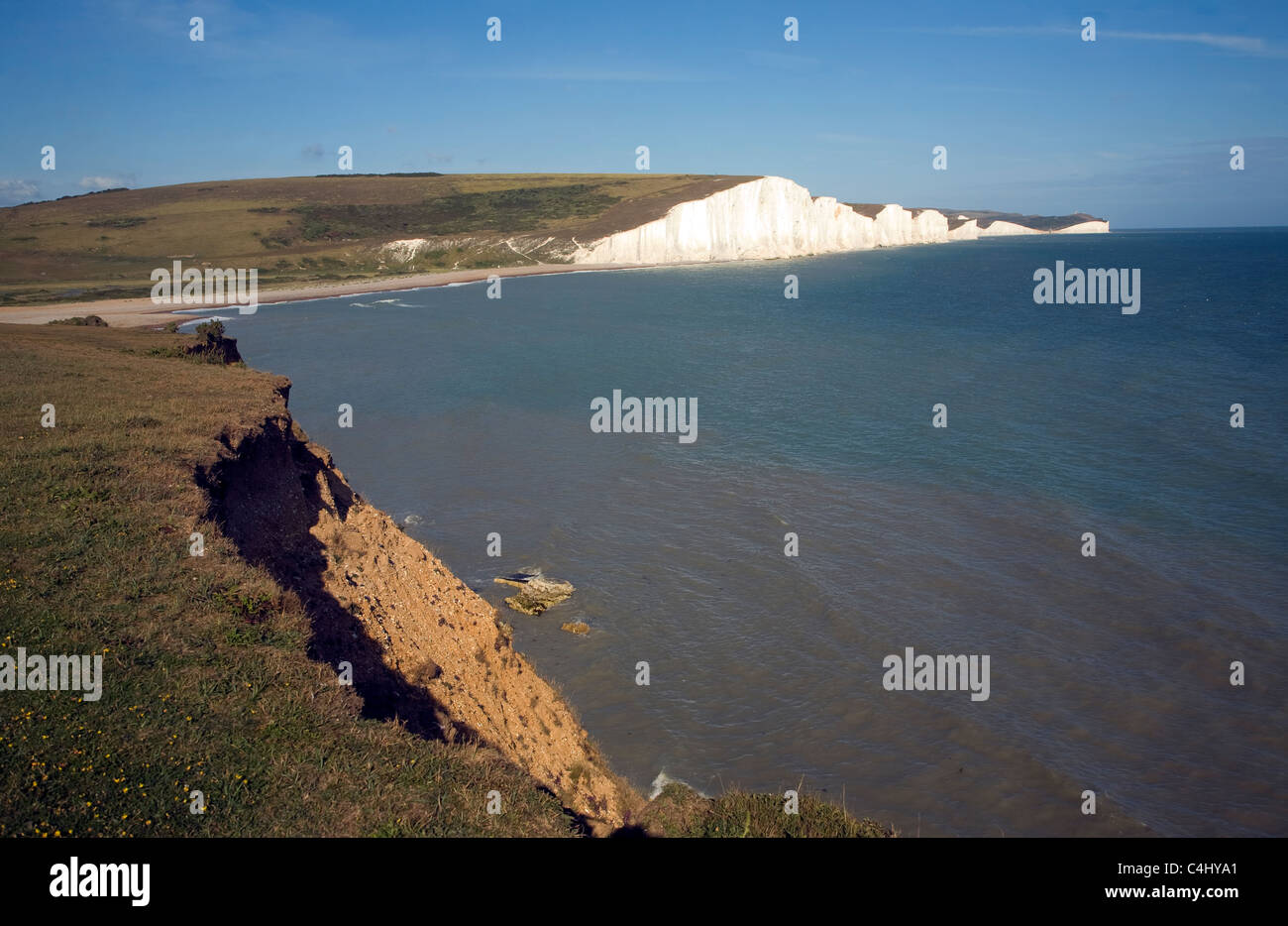 Chalk cliffs of the Seven Sisters from Seaford Head, East Sussex, England Stock Photo