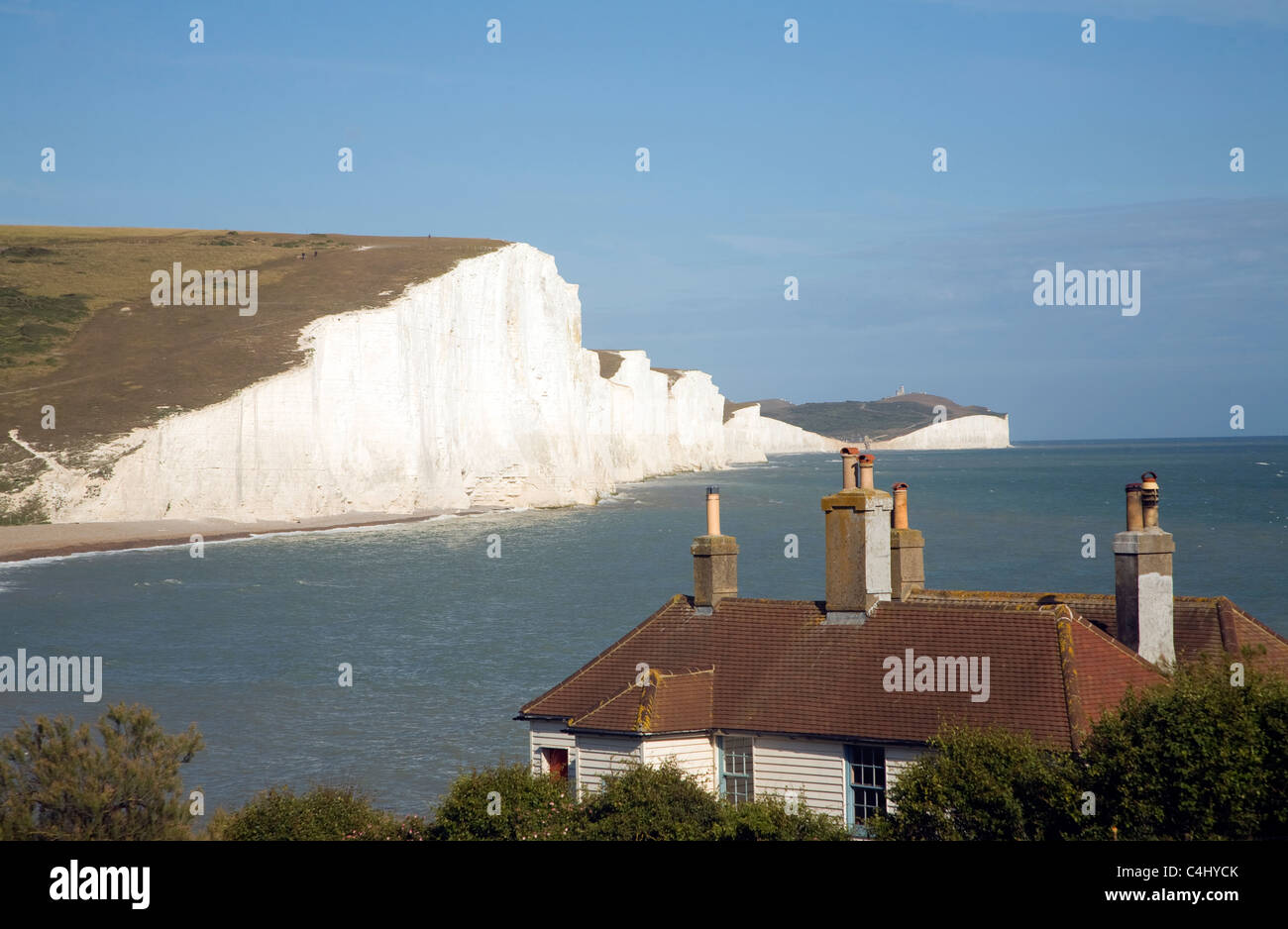 Chalk cliffs of the Seven Sisters from Seaford Head, East Sussex, England Stock Photo