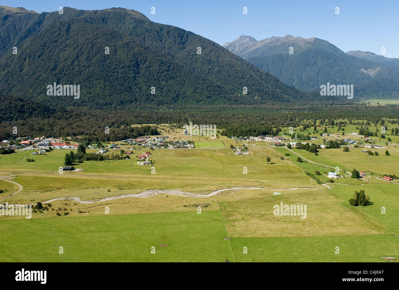 Fox Glacier Village, taken from the air Stock Photo
