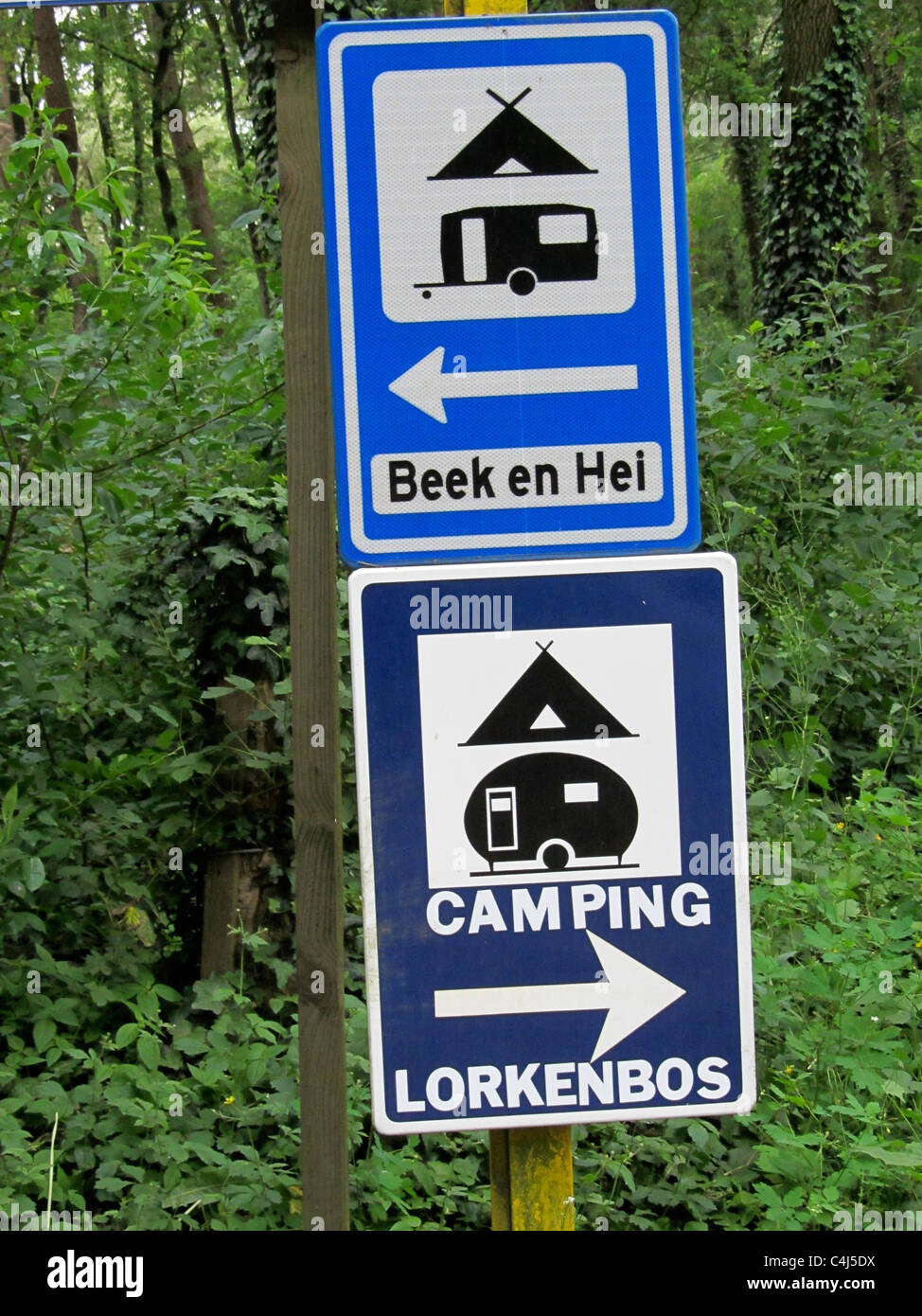 Direction sign to some Dutch campsites, Veluwe, Netherlands Stock Photo