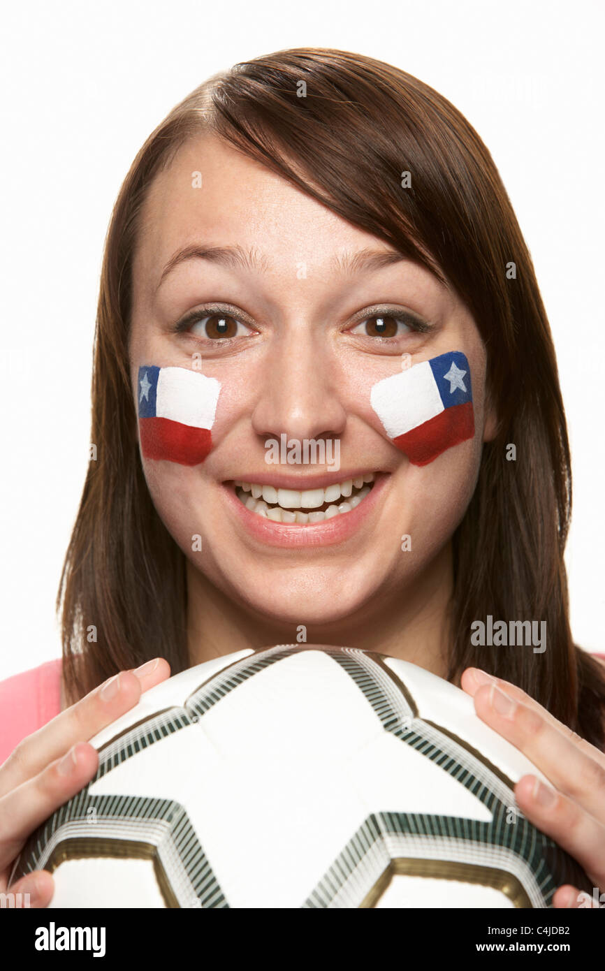 Young Female Football Fan With Chilean Flag Painted On Face Stock Photo