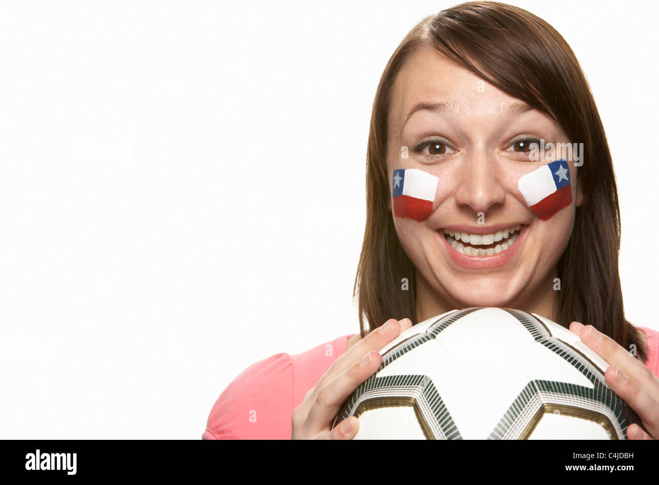 Young Female Football Fan With Chilean Flag Painted On Face Stock Photo