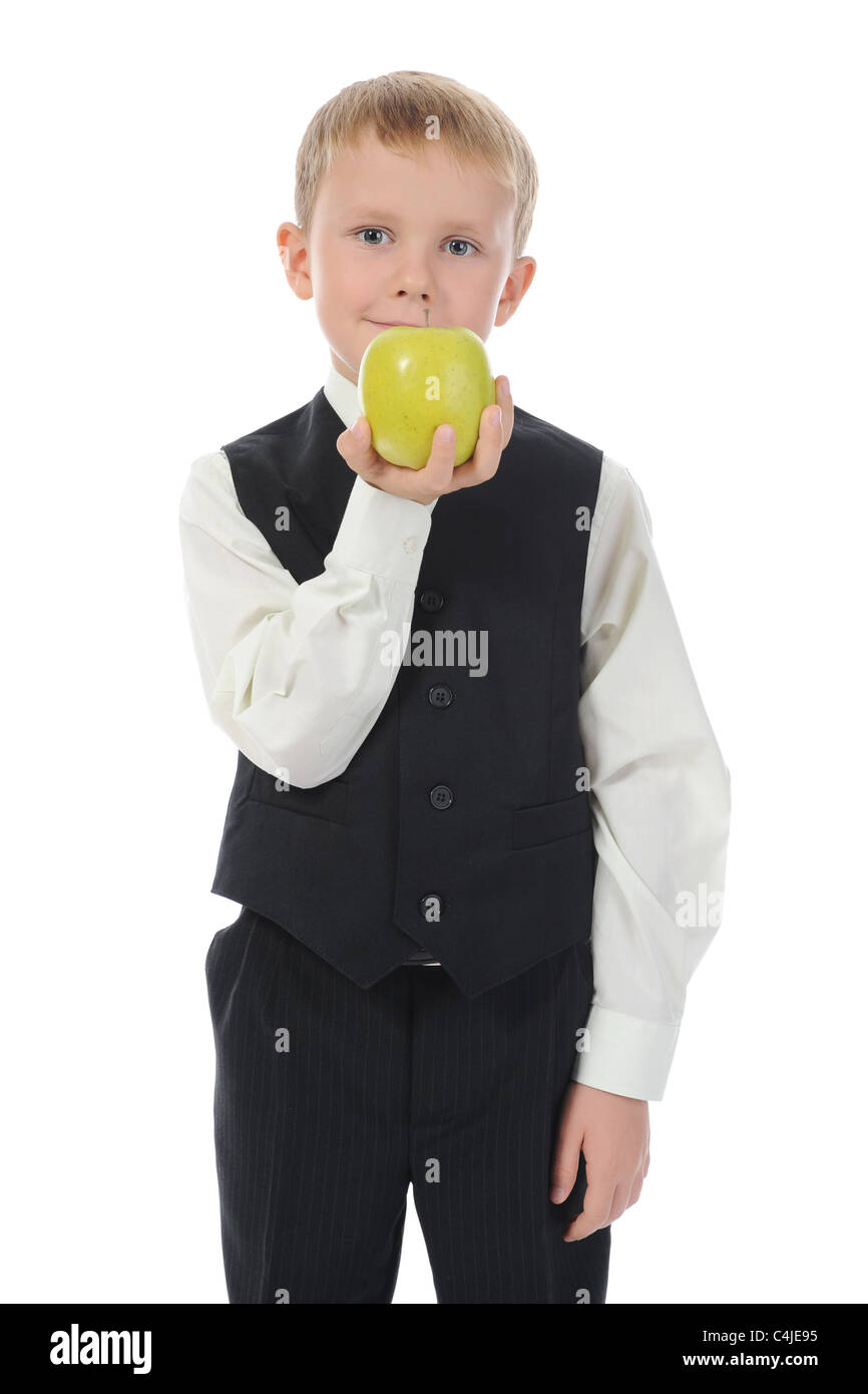 boy holds an apple Stock Photo