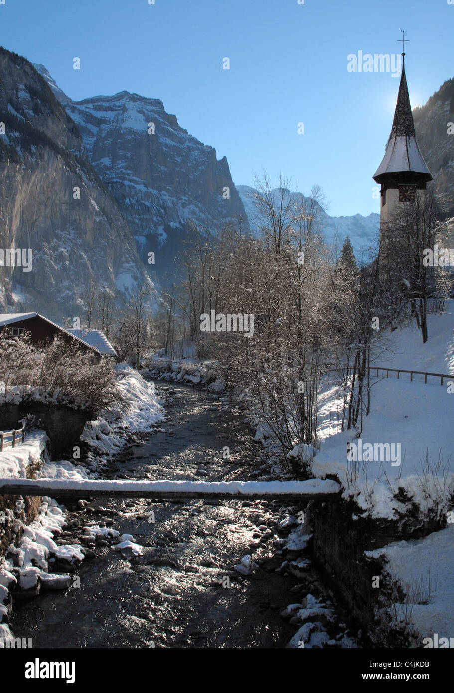 Lauterbrunnen church and river in winter, Switzerland Stock Photo Alamy
