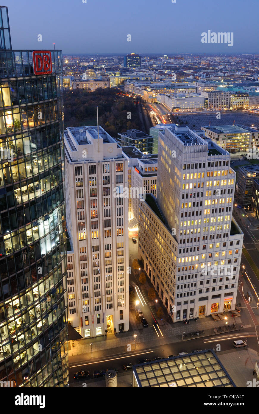 Potsdamer Platz square with Deutsche Bahn Tower, Beisheim Center with Ritz Carlton Hotel and Holocaust Memorial, Berlin, Germany Stock Photo